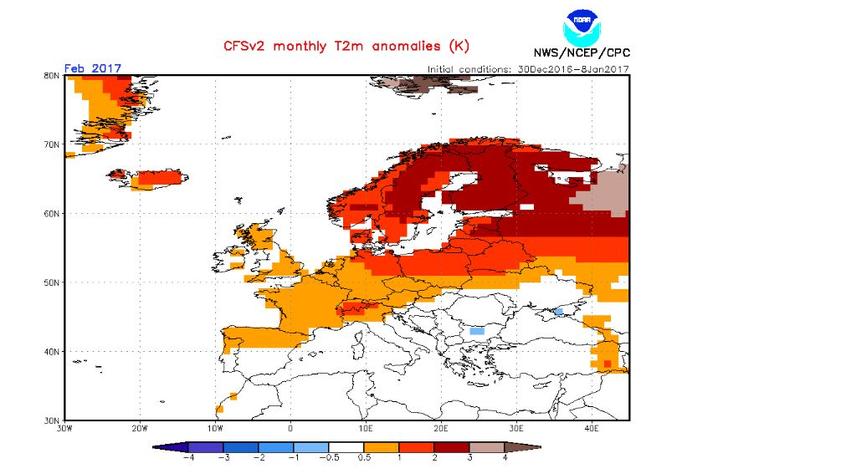 NOAA-Temperaturprognose: Februar und März 2017 werden wieder wärmer Februar 2007: Die von der NOAA prognostizierten Temperaturen liegen weiträumig über den langjährigen Durchschnittstemperaturen.