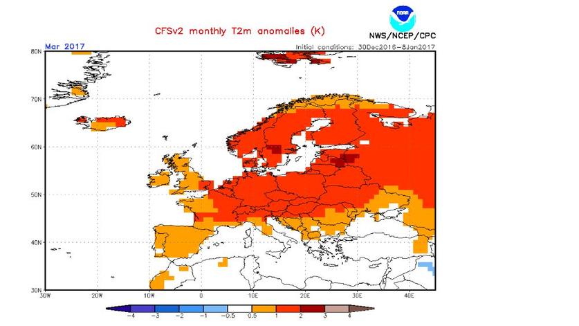NOAA-Temperaturprognose: Februar und März 2017 werden wieder wärmer Die NOAA-Langfristprognose für März: eindeutig zu warm.