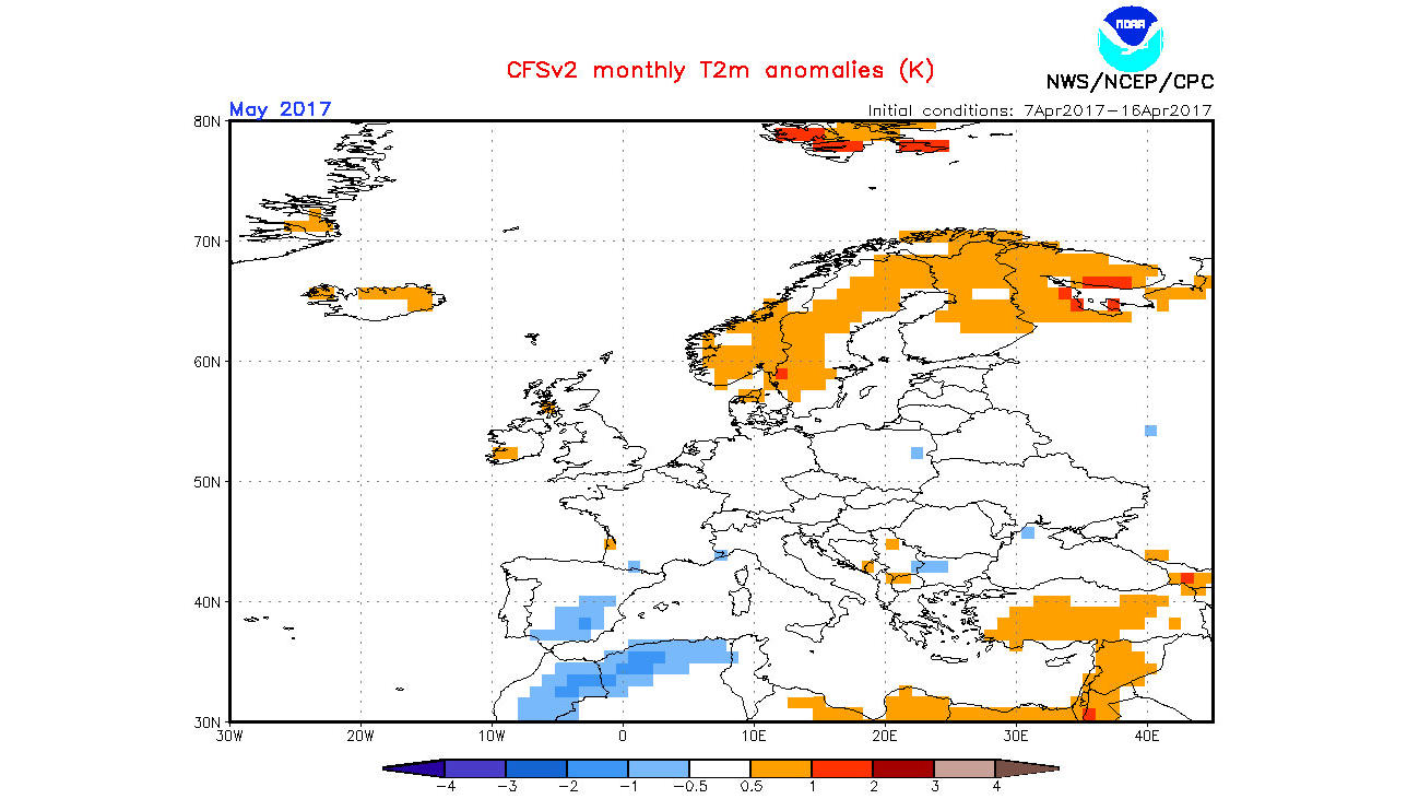 NOAA-Temperaturprognose vom 18.04.2017: Normale Temperaturen im Mai, dafür Überschüsse im Juni NOAA-Temperaturprognose für Mai 2017