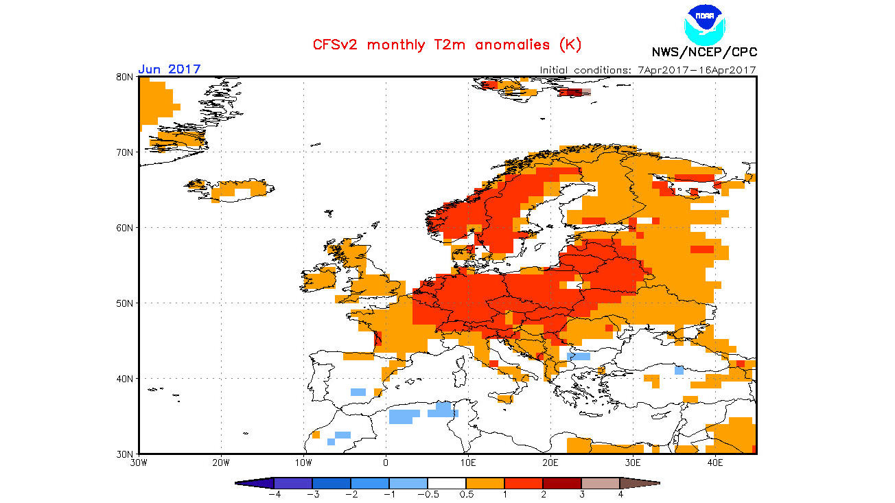 NOAA-Temperaturprognose vom 18.04.2017: Normale Temperaturen im Mai, dafür Überschüsse im Juni NOAA-Temperaturprognose für Juni 2017